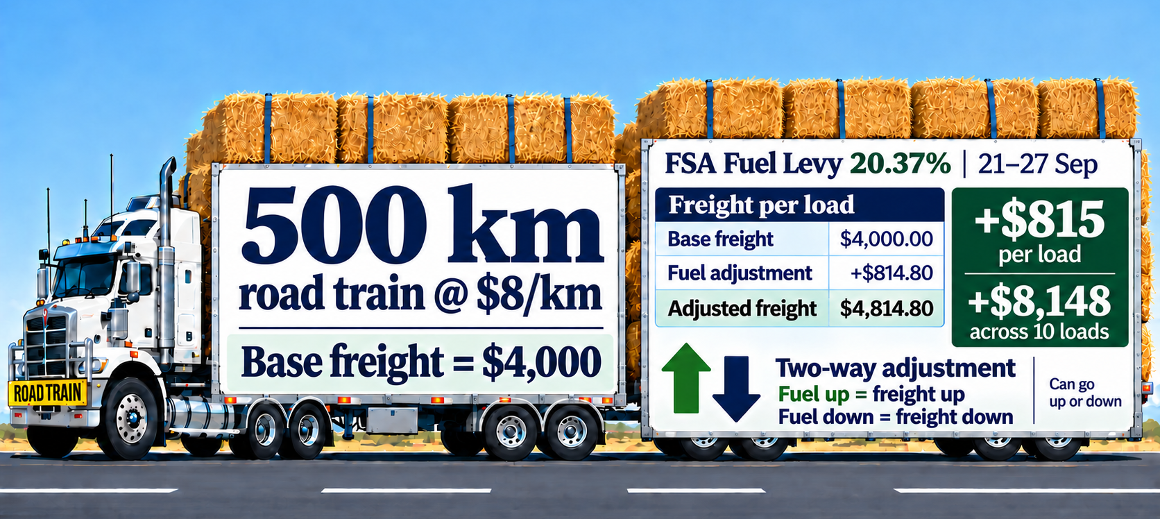 Example: a 500 km road train at $8/km has a base freight of $4,000. With an FSA Fuel Levy of 20.37% (21–27 Sep), the fuel adjustment is +$814.80, giving adjusted freight of $4,814.80 per load, or +$8,148 across 10 loads. The adjustment is two-way: fuel up means freight up, fuel down means freight down.